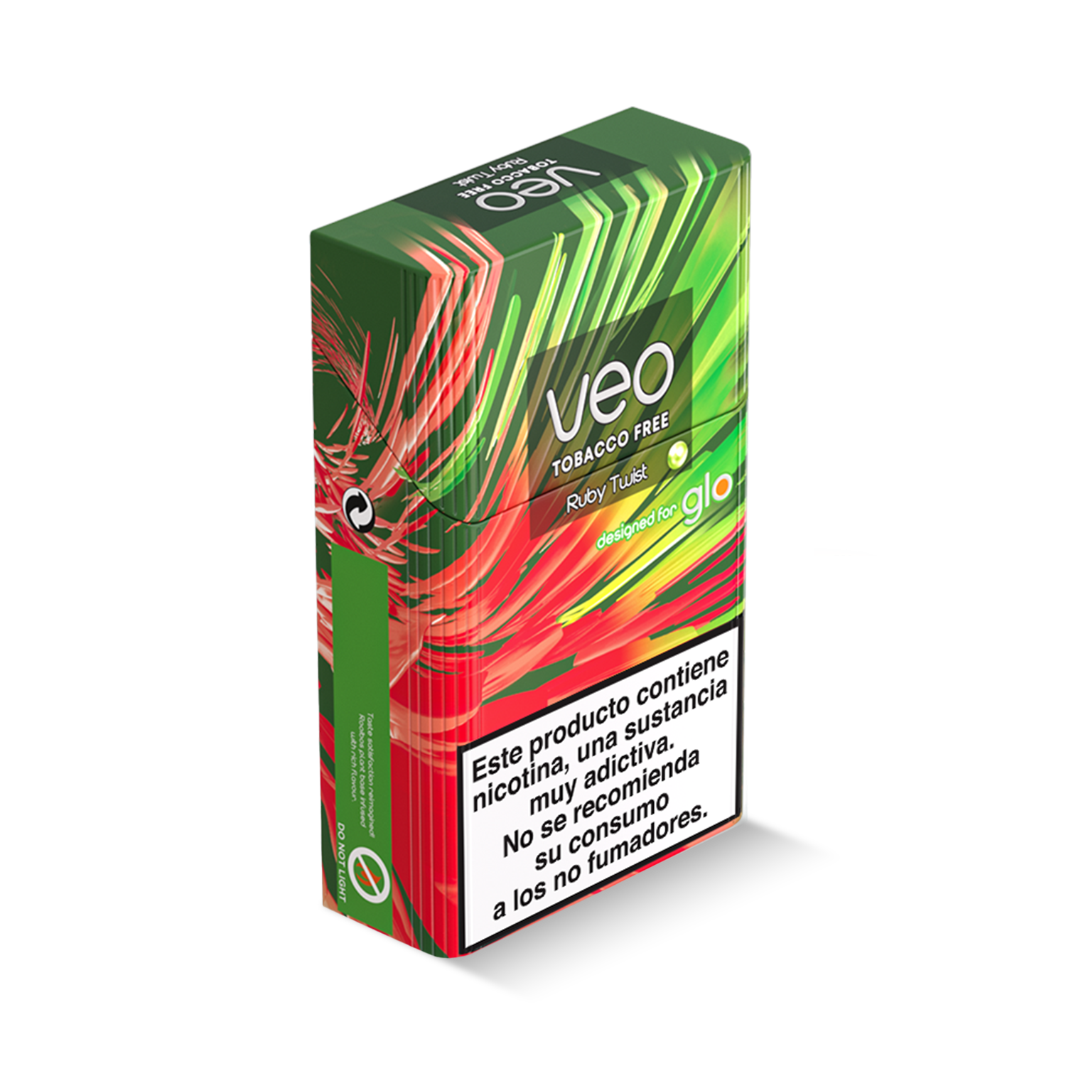 Una colorida caja de veo™ Ruby Twist sticks para Glo, con motivos abstractos en verde, rojo y amarillo y una etiqueta visible de advertencia de nicotina en español en la parte delantera.