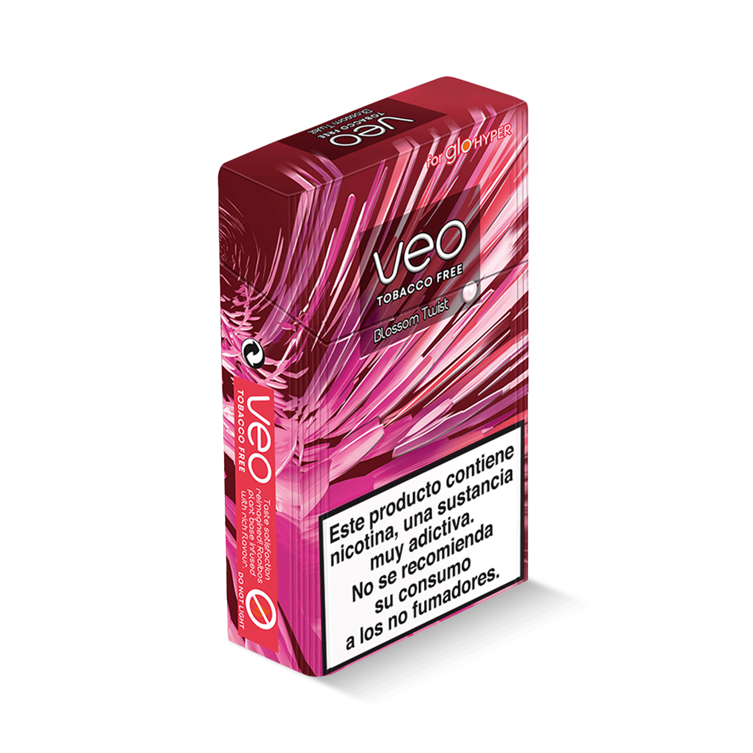 Una caja rosa y roja de Veo™ Blossom Twist con diseños abstractos. La advertencia en español dice que contiene nicotina, es altamente adictivo y no recomendado para no fumadores.