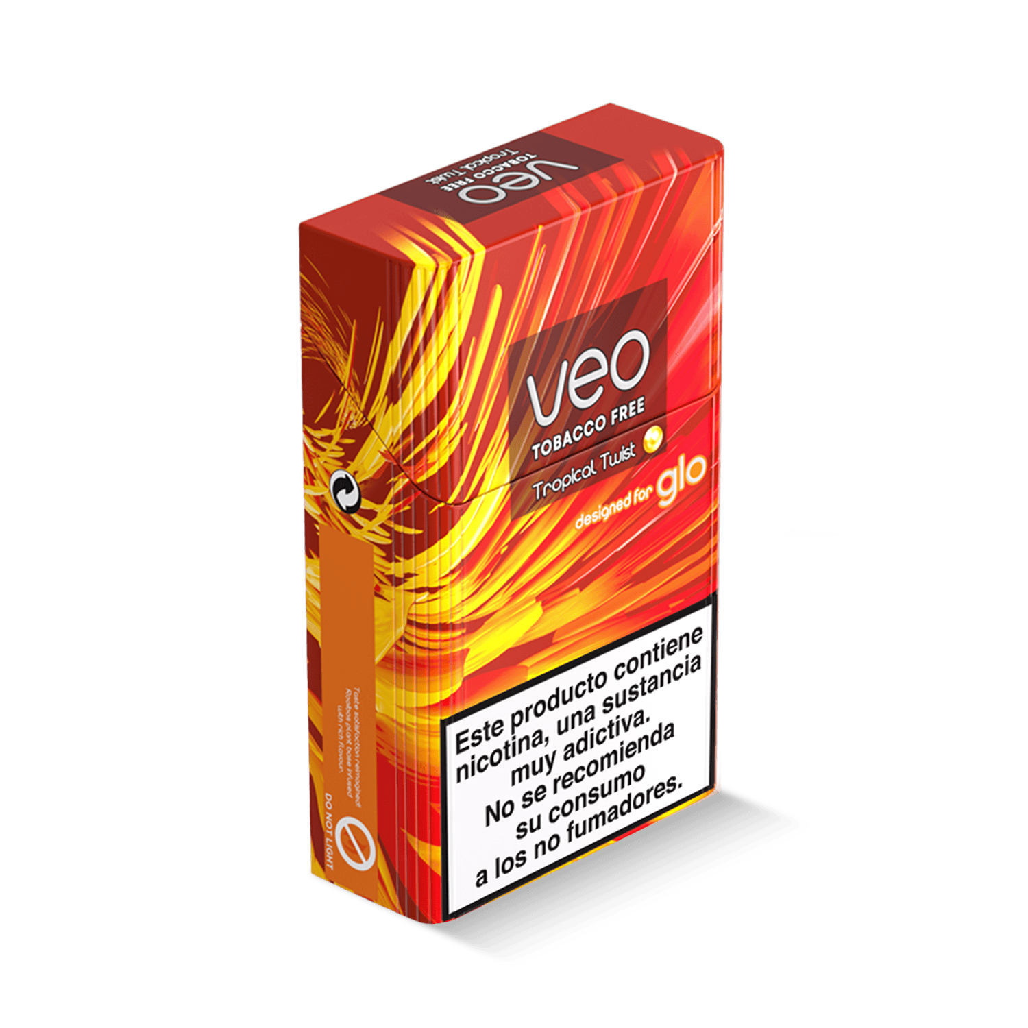 Una caja rectangular de Veo™ Tropical Twist de Veo™, diseñada para Glo, con gráficos de llamas naranjas y amarillas y una advertencia de nicotina en español en la parte delantera.