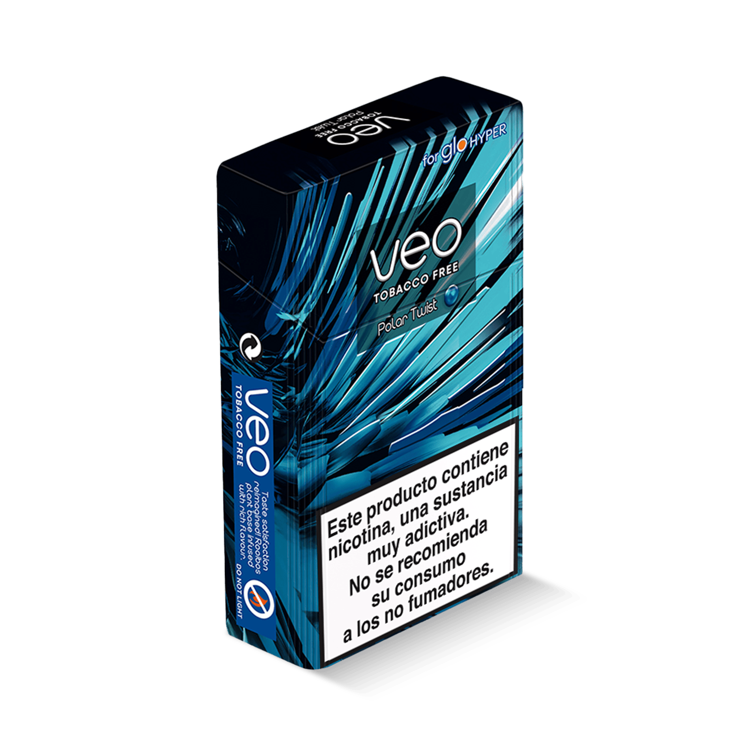Una caja rectangular de Veo™ Polar Twist, con diseños abstractos azules y una destacada advertencia en español sobre la nicotina y la adicción en la parte delantera.