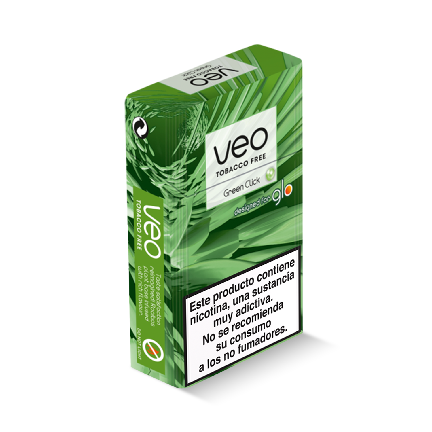 Una caja verde y blanca de Veo™ Green Click de Veo™, con un diseño de hojas. La advertencia sanitaria española dice que contiene nicotina, es adictivo y no está recomendado para no fumadores.