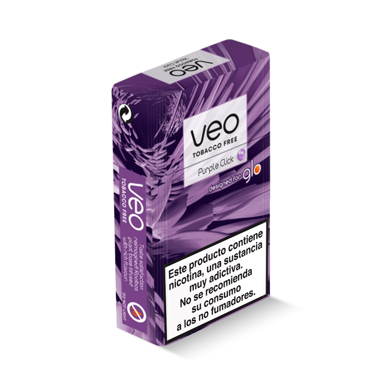 Una caja morada y blanca de Veo™ Purple Click de Veo™, con advertencias sanitarias en español que indican que contiene nicotina y no está recomendado para no fumadores.