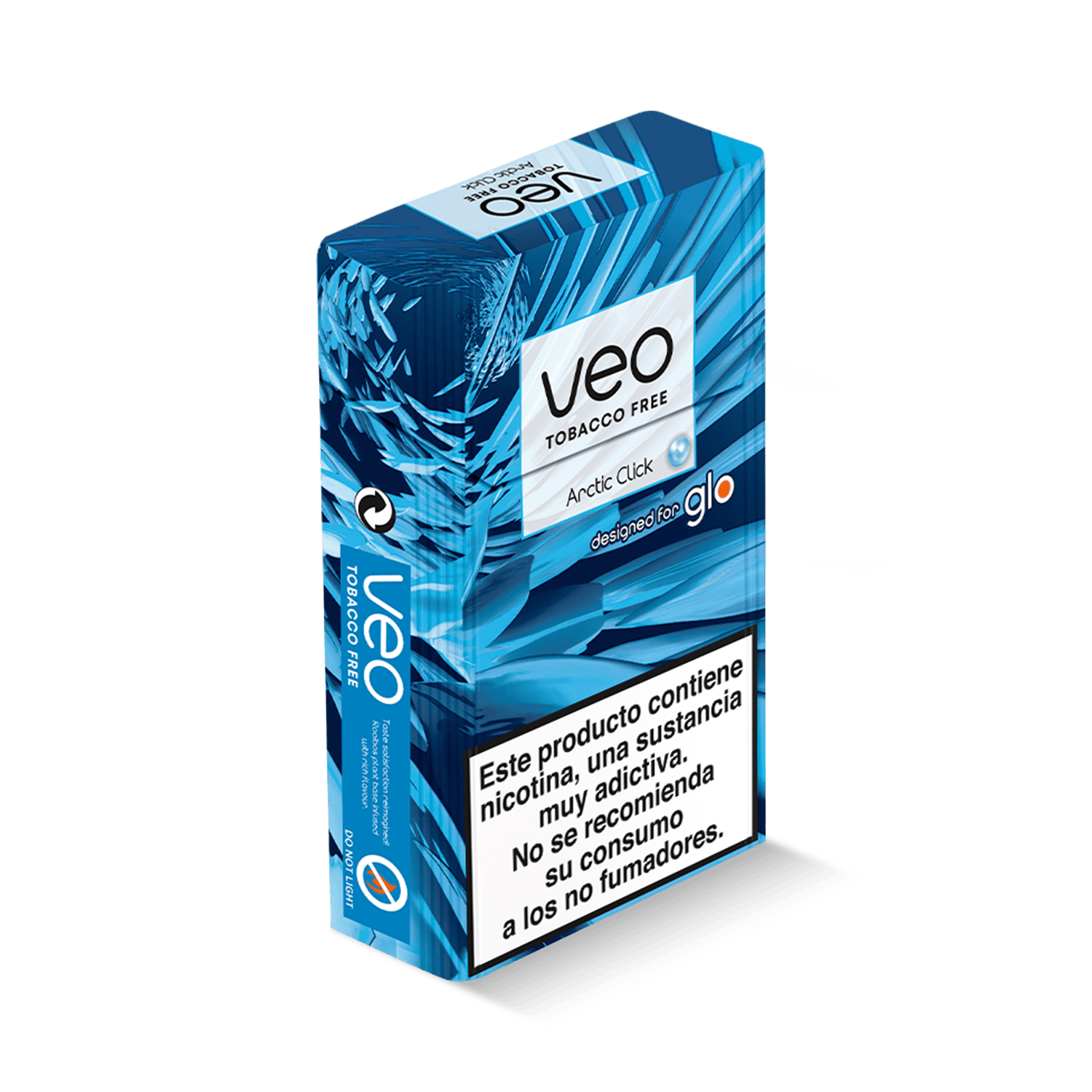 Una caja azul y blanca de Veo™ Arctic Click con la marca Veo™. Una gran etiqueta de advertencia en español cubre la parte inferior, advirtiendo sobre la nicotina, la adicción y desaconsejando su uso a los no fumadores.