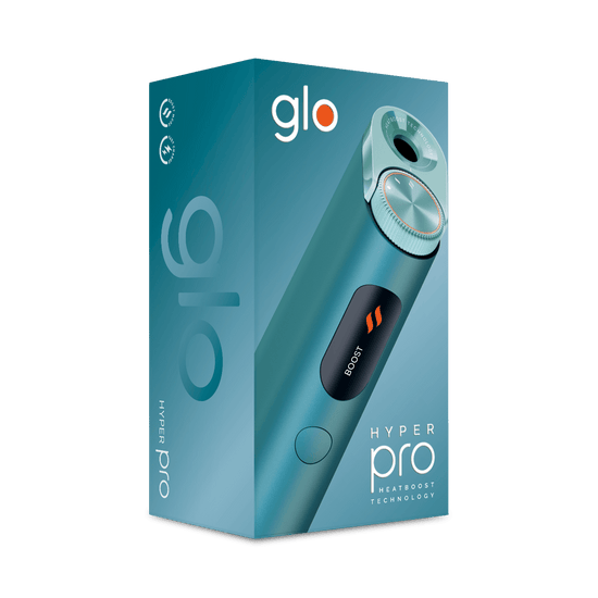 Una caja de color verde azulado con la marca glo™ muestra el glo™ Hyper Pro, un elegante dispositivo cilíndrico con un botón y una pantalla Boost, que hace hincapié en la tecnología avanzada.