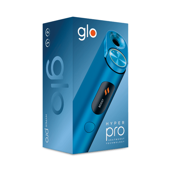 Una caja azul de venta al público para el dispositivo glo™ Hyper Pro, que muestra la imagen del producto, el logotipo glo™ y texto que destaca "Hyper Pro" y "HEATBOOST TECHNOLOGY" sobre fondo blanco.