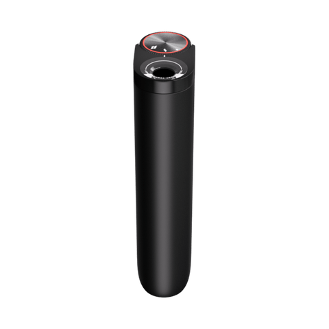 El glo™ Hyper Pro de glo™ es un elegante dispositivo cilíndrico de color negro con una esfera circular plateada y roja y un botón superior central, que se muestra desde arriba sobre un fondo blanco liso.