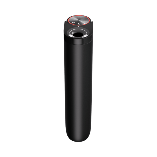 El glo™ Hyper Pro de glo™ es un elegante dispositivo cilíndrico de color negro con una esfera circular plateada y roja y un botón superior central, que se muestra desde arriba sobre un fondo blanco liso.