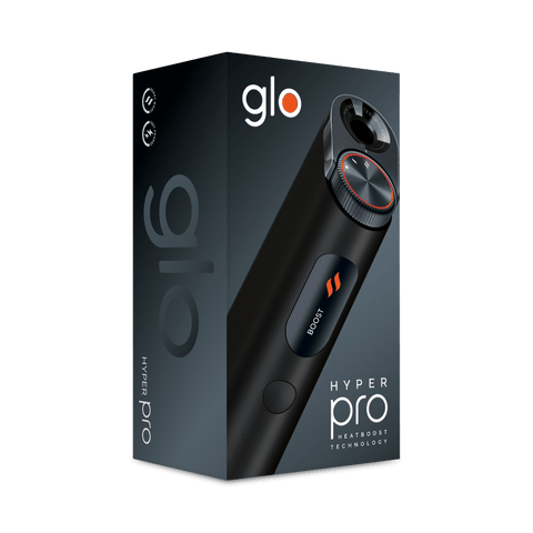 Una caja de producto para el glo™ Hyper Pro de glo™, con un elegante diseño negro, un botón circular con la etiqueta Boost y la marca sobre un fondo degradado oscuro.