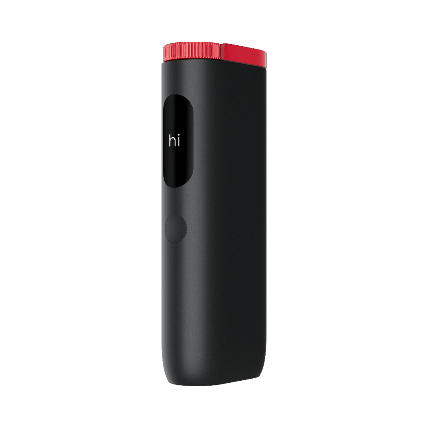 El glo™ Hyper Pro de glo™ es un elegante dispositivo de mano negro con la parte superior roja, que presenta una pequeña pantalla en la que se lee "hola" y un único botón redondo debajo de la pantalla, que se muestra sobre un fondo claro liso.