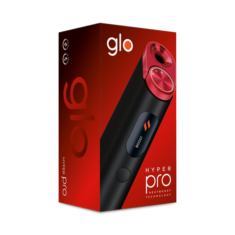 Una caja roja y negra muestra el dispositivo glo™ Hyper Pro vaping, destacando su botón BOOST, la etiqueta de la tecnología HeartBoost y la marca glo™ en negrita sobre un fondo blanco.