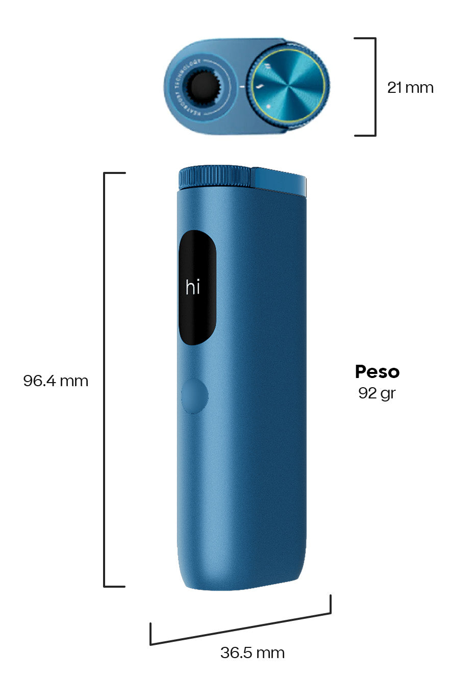 Dispositivo portátil de color azul con una pequeña esfera redonda y una pantalla que muestra hi. Dimensiones: 96,4 mm de altura, 36,5 mm de anchura, 21 mm de profundidad y 92 gramos de peso.