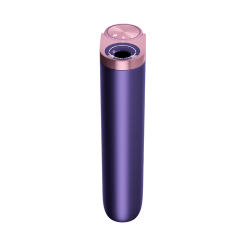 El glo™ Hyper Pro de glo™ es un elegante dispositivo cilíndrico de color púrpura con la parte superior en oro rosa metalizado, abertura circular y símbolos de botones, que se muestra sobre un fondo blanco liso.