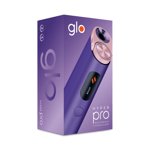 Una caja morada para el glo™ Hyper Pro con tecnología HeatBoost, que muestra una imagen del elegante dispositivo con una lectura BOOST y el logotipo glo™ en la parte superior.