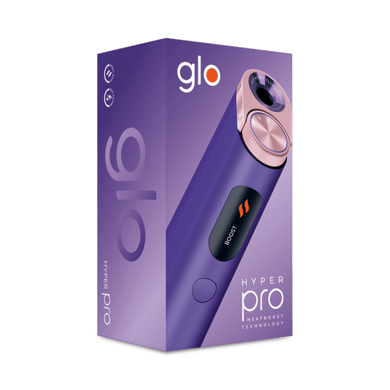 Una caja morada para el glo™ Hyper Pro con tecnología HeatBoost, que muestra una imagen del elegante dispositivo con una lectura BOOST y el logotipo glo™ en la parte superior.
