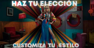 Una elegante mujer posa con confianza en una colorida lavandería con vibrantes abanicos de tela detrás de ella. El texto en español dice: HAZ TU ELECCIÓN y CUSTOMIZA TU ESTILO.