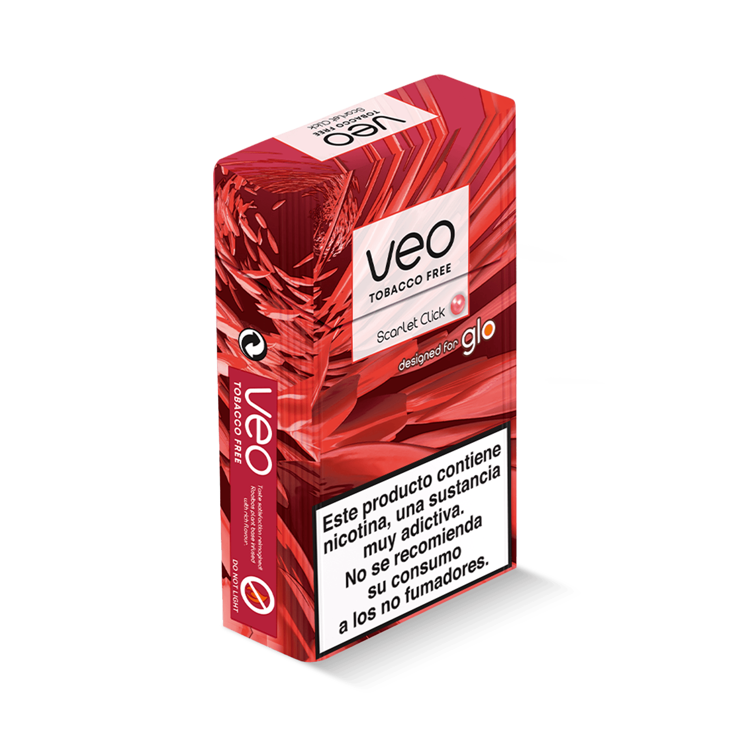 Una caja roja y blanca de veo™ Scarlet Click sticks sin tabaco para usar con dispositivos glo. La advertencia en español indica que contiene nicotina y no está recomendado para no fumadores.